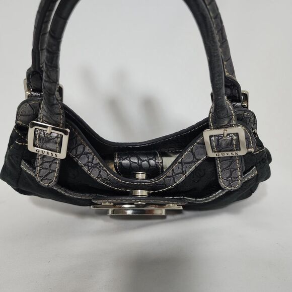 Guess Vintage Black Logo Mini Shoulder Bag Silver G Buckle Croc Embossed Y2K - Picture 9 of 13